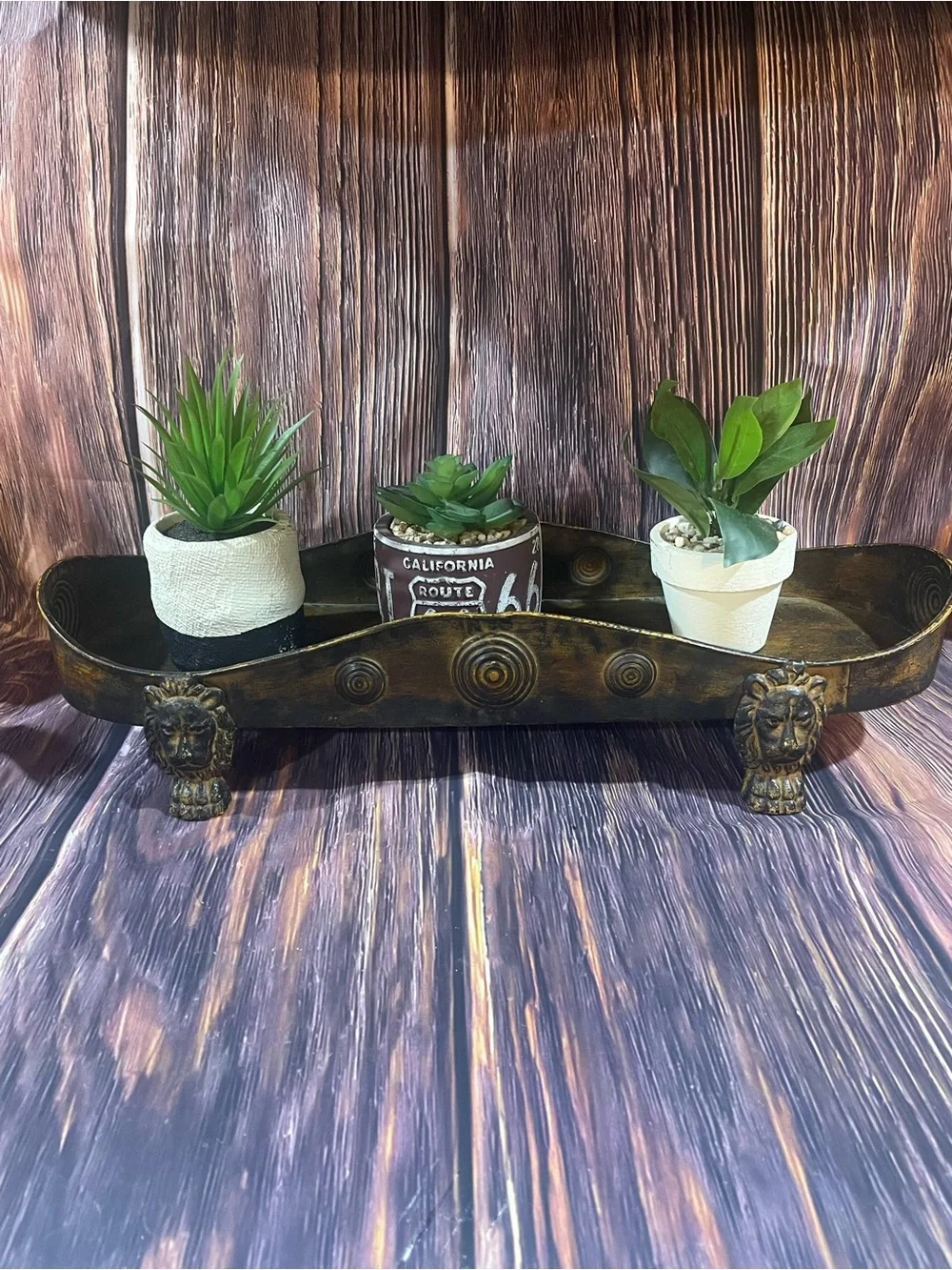 Gold Plated Steel Vtg Lion Footed Planter/decor with 3 artificial planters